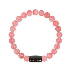 Top view of an 8mm Rhodochrosite crystal beaded stretch bracelet with black stainless steel logo bead made by Voltlin