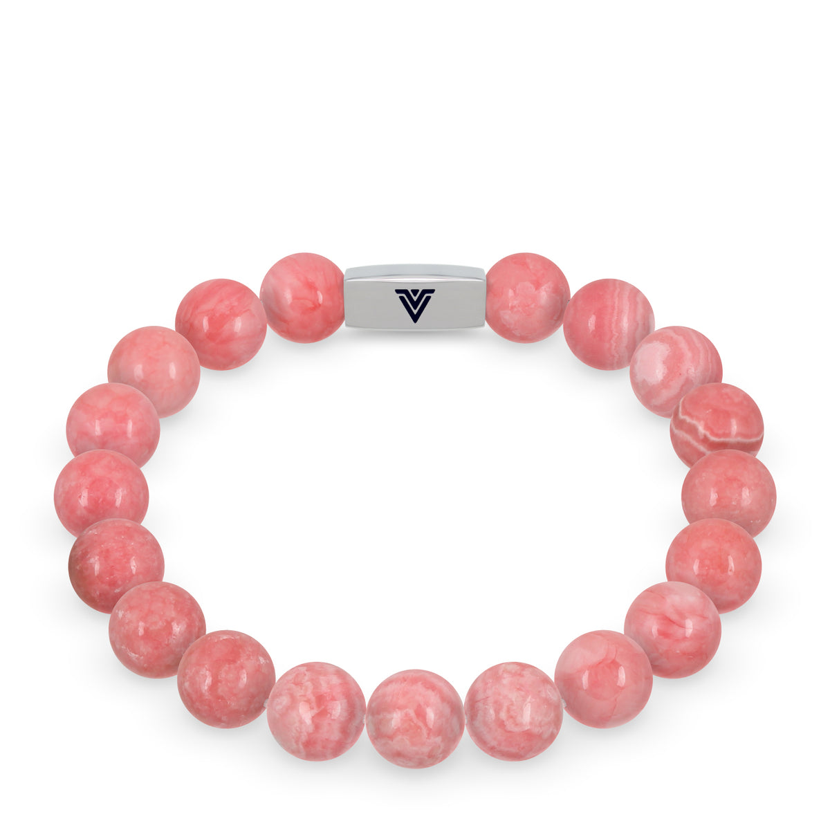 Front view of a 10mm Rhodochrosite beaded stretch bracelet with silver stainless steel logo bead made by Voltlin