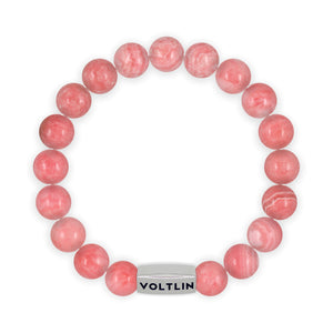Top view of a 10mm Rhodochrosite beaded stretch bracelet with silver stainless steel logo bead made by Voltlin