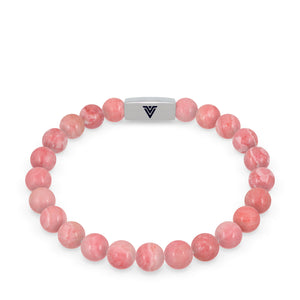 Front view of an 8mm Rhodochrosite beaded stretch bracelet with silver stainless steel logo bead made by Voltlin