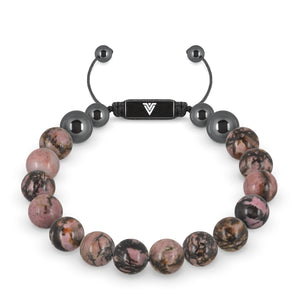 Front view of a 10mm Rhodonite crystal beaded shamballa bracelet with black stainless steel logo bead made by Voltlin