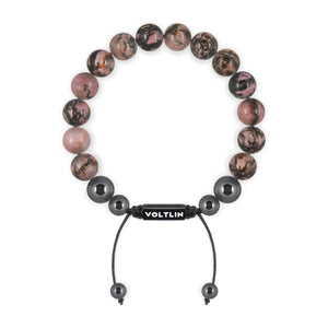 Top view of a 10mm Rhodonite crystal beaded shamballa bracelet with black stainless steel logo bead made by Voltlin
