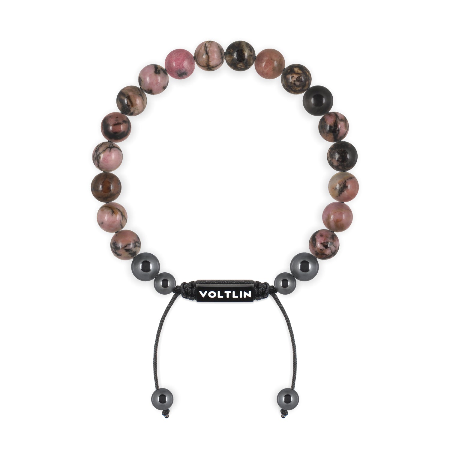 Front view of an 8mm Rhodonite crystal beaded shamballa bracelet with black stainless steel logo bead made by Voltlin