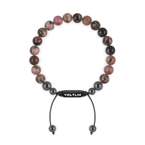 Top view of an 8mm Rhodonite crystal beaded shamballa bracelet with black stainless steel logo bead made by Voltlin