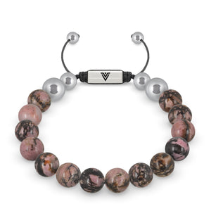 Front view of a 10mm Rhodonite beaded shamballa bracelet with silver stainless steel logo bead made by Voltlin