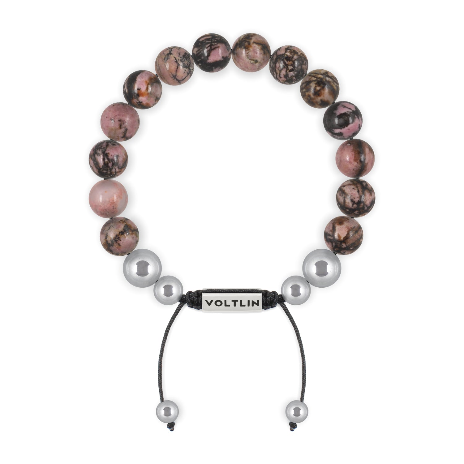 Top view of a 10mm Rhodonite beaded shamballa bracelet with silver stainless steel logo bead made by Voltlin