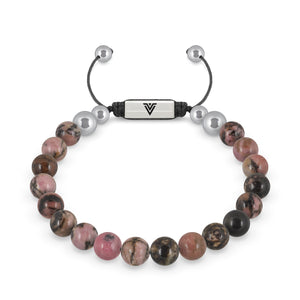 Front view of an 8mm Rhodonite beaded shamballa bracelet with silver stainless steel logo bead made by Voltlin