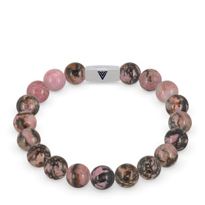 Front view of a 10mm Rhodonite beaded stretch bracelet with silver stainless steel logo bead made by Voltlin