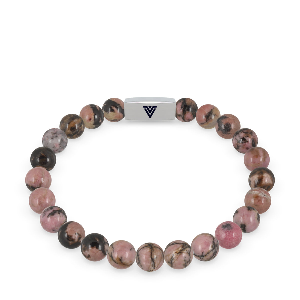 Front view of an 8mm Rhodonite beaded stretch bracelet with silver stainless steel logo bead made by Voltlin