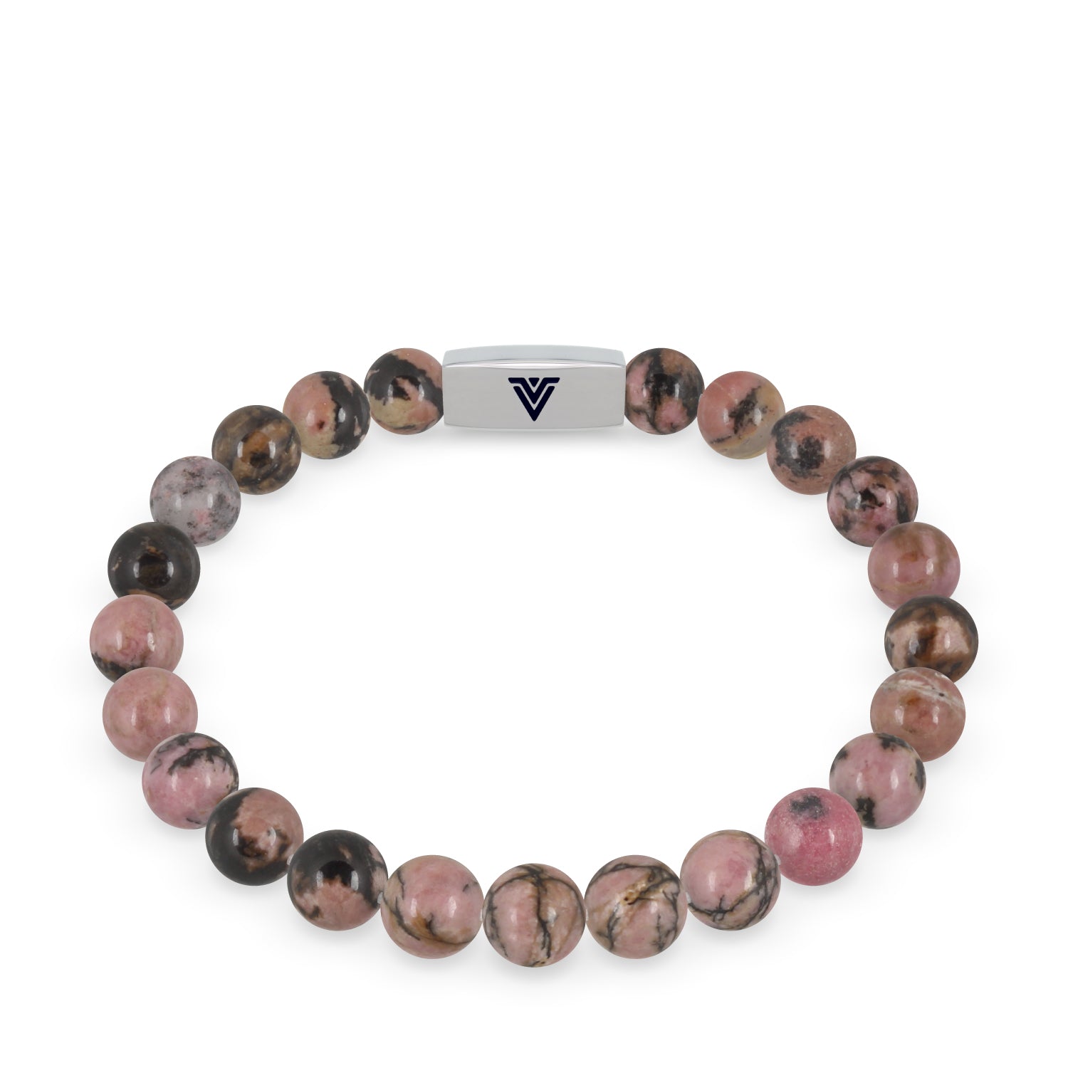 Front view of an 8mm Rhodonite beaded stretch bracelet with silver stainless steel logo bead made by Voltlin