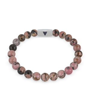 Front view of an 8mm Rhodonite beaded stretch bracelet with silver stainless steel logo bead made by Voltlin