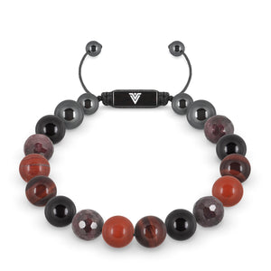 Front view of a 10mm Root Chakra crystal beaded shamballa bracelet with black stainless steel logo bead made by Voltlin