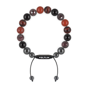 Top view of a 10mm Root Chakra crystal beaded shamballa bracelet with black stainless steel logo bead made by Voltlin