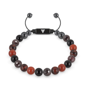 Front view of an 8mm Root Chakra crystal beaded shamballa bracelet with black stainless steel logo bead made by Voltlin