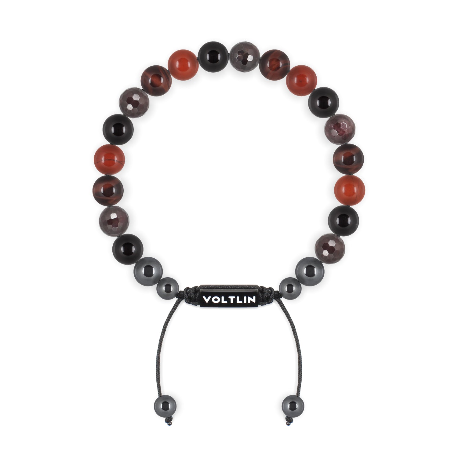 Front view of an 8mm Root Chakra crystal beaded shamballa bracelet with black stainless steel logo bead made by Voltlin