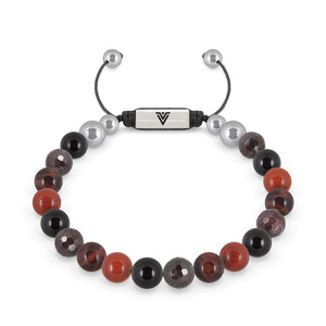 Front view of an 8mm Root Chakra beaded shamballa bracelet featuring Onyx, Red Jasper, Red Tiger's Eye, & Faceted Garnet crystal and silver stainless steel logo bead made by Voltlin