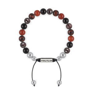 Top view of an 8mm Root Chakra beaded shamballa bracelet featuring Onyx, Red Jasper, Red Tiger's Eye, & Faceted Garnet crystal and silver stainless steel logo bead made by Voltlin