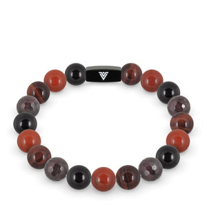 Front view of a 10mm Root Chakra crystal beaded stretch bracelet with black stainless steel logo bead made by Voltlin