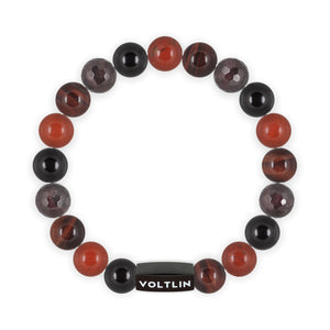 Top view of a 10mm Red Root Chakra crystal beaded stretch bracelet with black stainless steel logo bead made by Voltlin