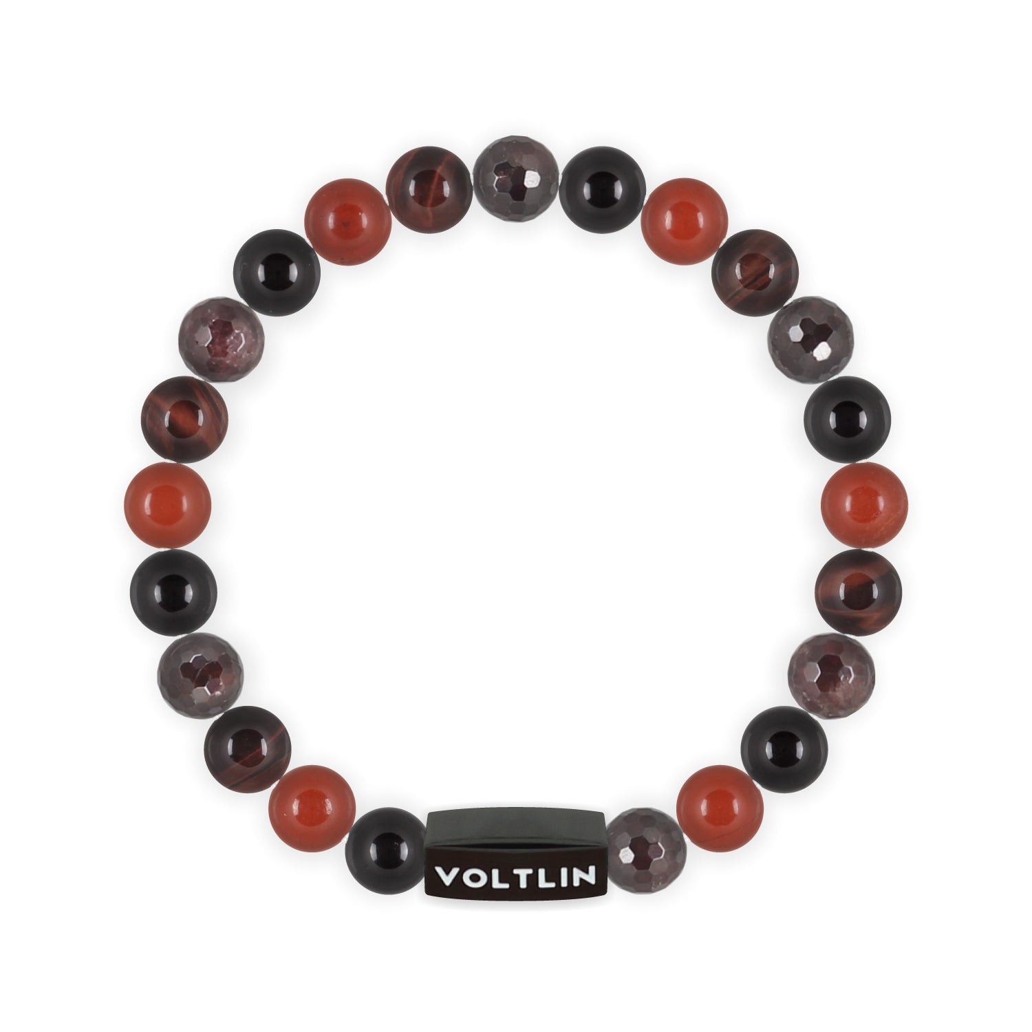 Front view of an 8mm Root Chakra crystal beaded stretch bracelet with black stainless steel logo bead made by Voltlin