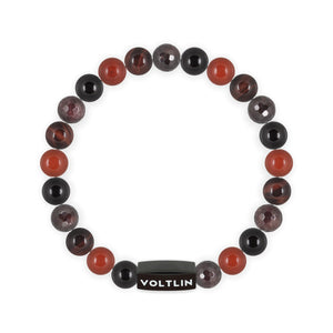 Top view of an 8mm Root Chakra crystal beaded stretch bracelet with black stainless steel logo bead made by Voltlin