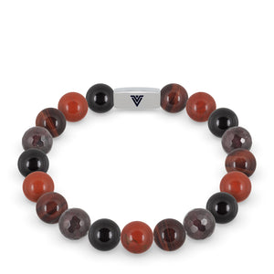 Front view of a 10mm Root Chakra beaded stretch bracelet featuring Onyx, Red Jasper, Red Tiger's Eye, & Faceted Garnet crystal and silver stainless steel logo bead made by Voltlin