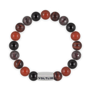 Top view of a 10mm Root Chakra beaded stretch bracelet featuring Onyx, Red Jasper, Red Tiger's Eye, & Faceted Garnet crystal and silver stainless steel logo bead made by Voltlin