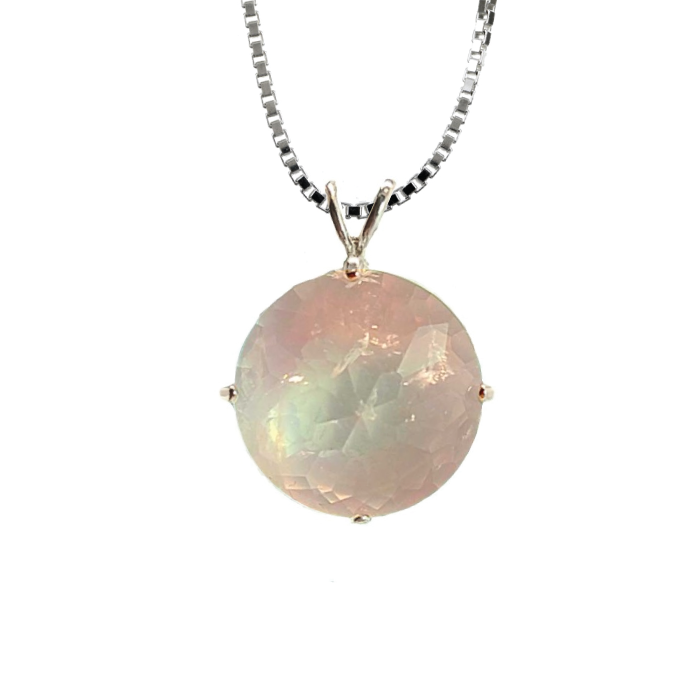 Rose Quartz Radiant Heart Chain Pendant Sacred Geometry Crystal Jewelry, Unisex, Sterling Silver, VOLTLIN