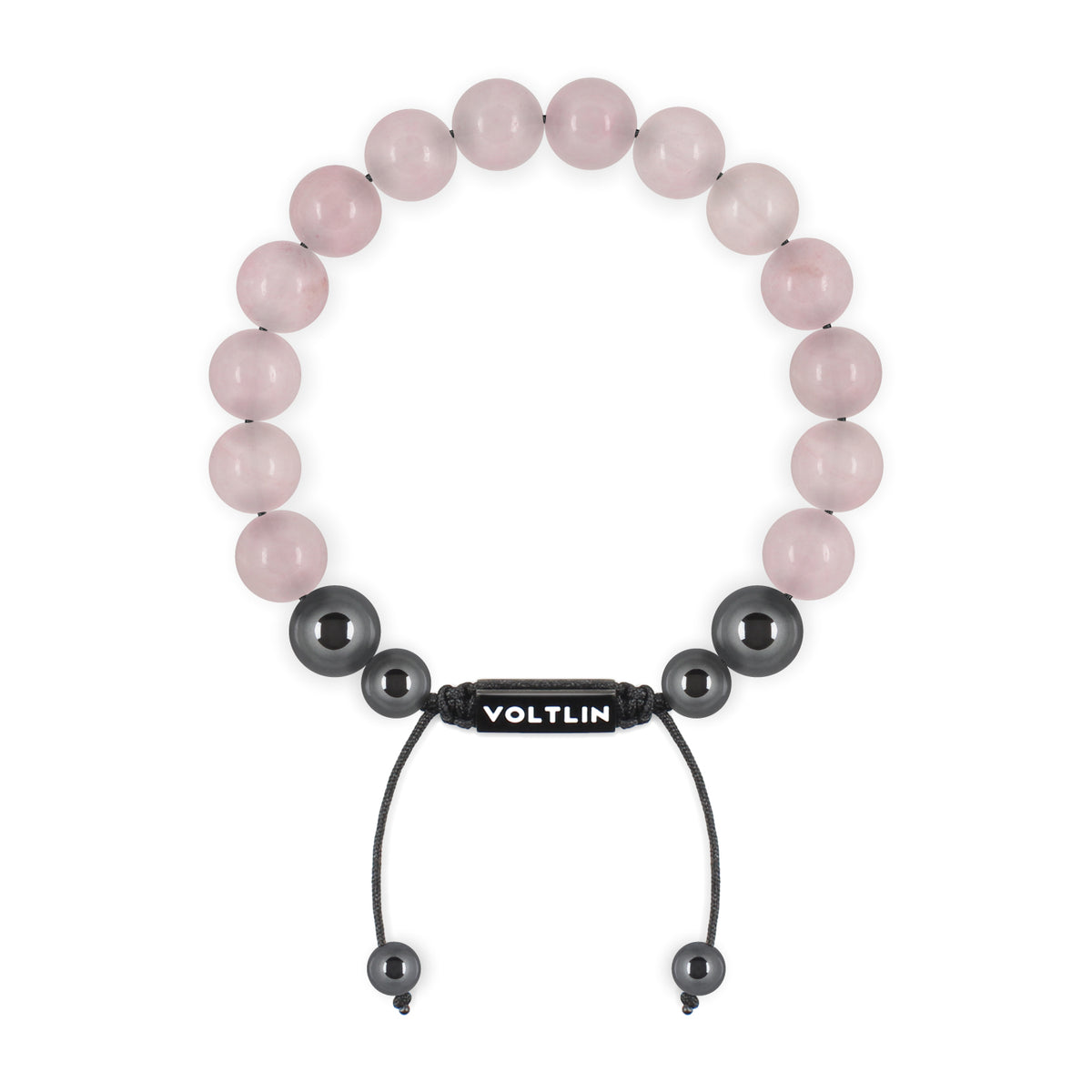 Top view of a 10mm Rose Quartz crystal beaded shamballa bracelet with black stainless steel logo bead made by Voltlin