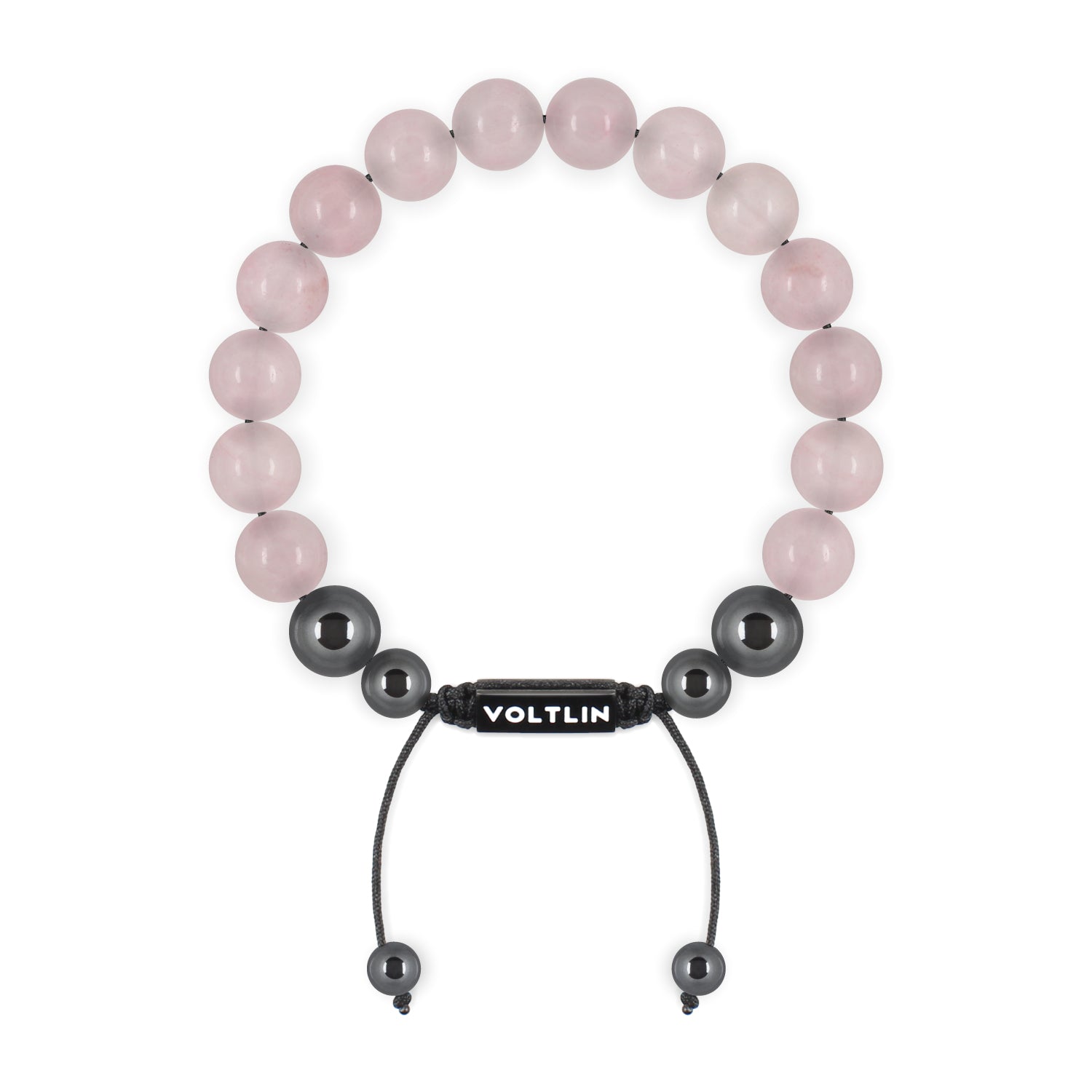 Top view of a 10mm Rose Quartz crystal beaded shamballa bracelet with black stainless steel logo bead made by Voltlin