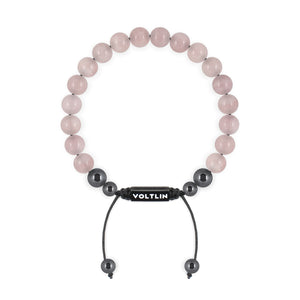 Top view of an 8mm Rose Quartz crystal beaded shamballa bracelet with black stainless steel logo bead made by Voltlin