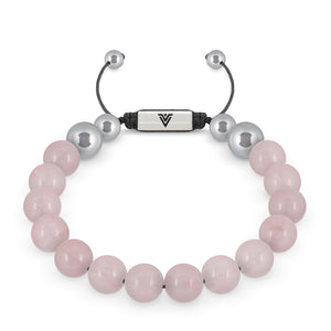 Front view of a 10mm Rose Quartz beaded shamballa bracelet with silver stainless steel logo bead made by Voltlin