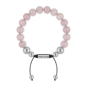 Top view of a 10mm Rose Quartz beaded shamballa bracelet with silver stainless steel logo bead made by Voltlin