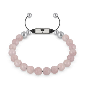 Front view of an 8mm Rose Quartz beaded shamballa bracelet with silver stainless steel logo bead made by Voltlin