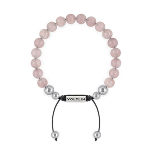 Top view of an 8mm Rose Quartz beaded shamballa bracelet with silver stainless steel logo bead made by Voltlin