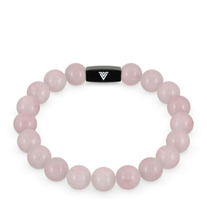 Front view of a 10mm Rose Quartz crystal beaded stretch bracelet with black stainless steel logo bead made by Voltlin