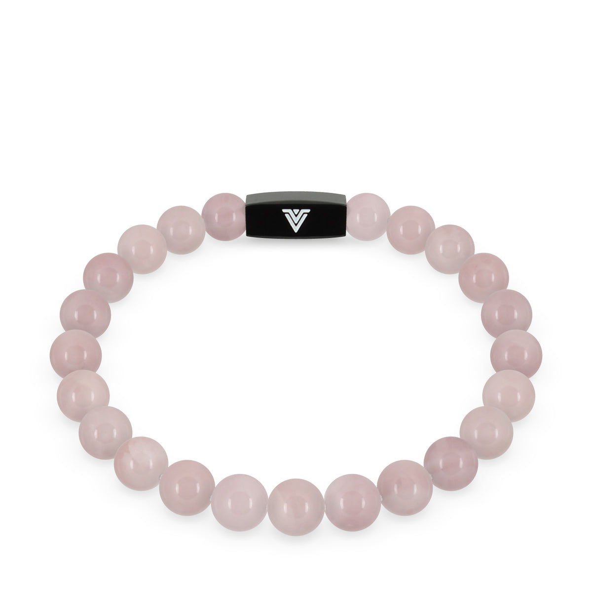 Front view of an 8mm Rose Quartz crystal beaded stretch bracelet with black stainless steel logo bead made by Voltlin