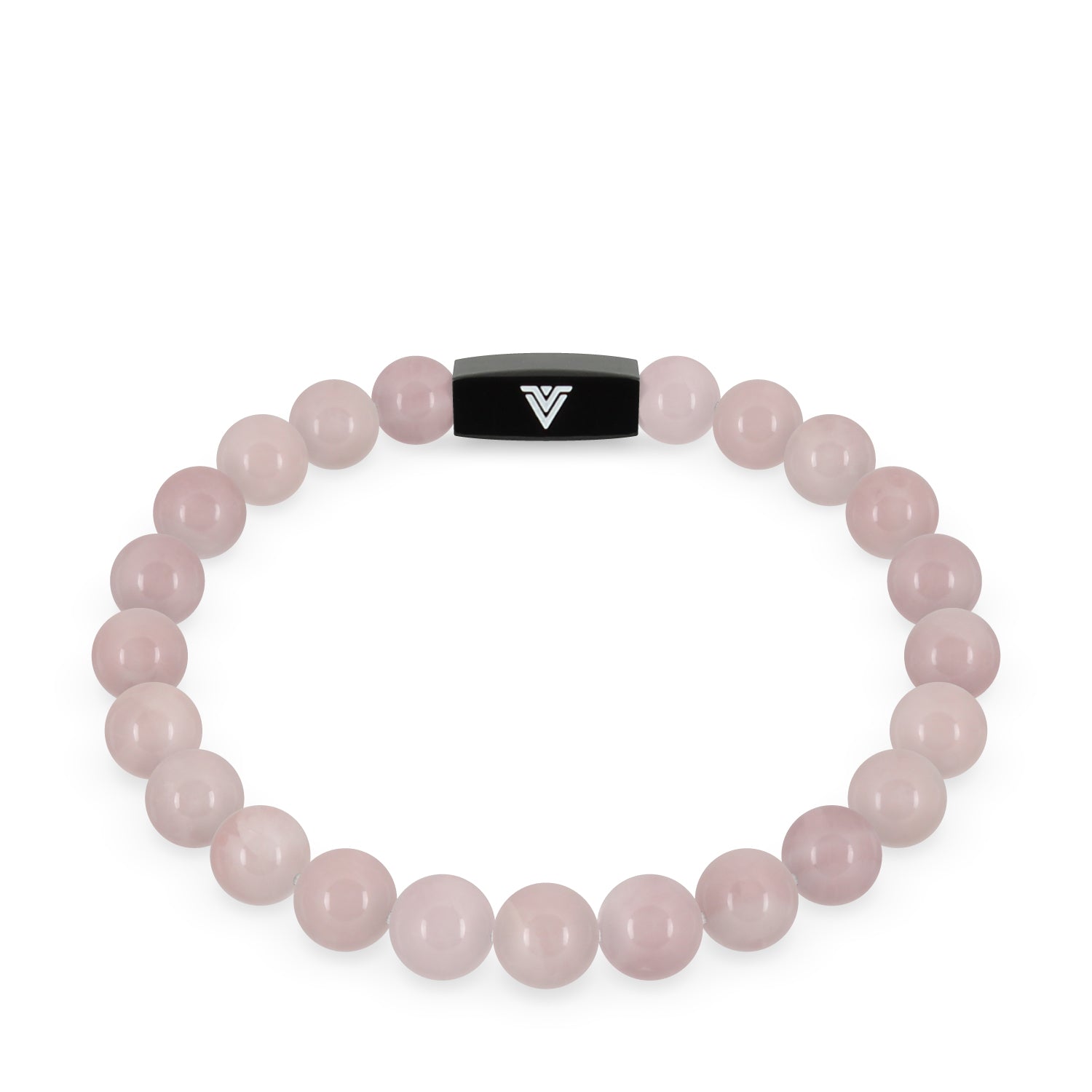 Front view of an 8mm Rose Quartz crystal beaded stretch bracelet with black stainless steel logo bead made by Voltlin