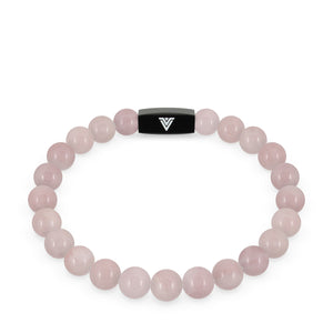 Front view of an 8mm Rose Quartz crystal beaded stretch bracelet with black stainless steel logo bead made by Voltlin