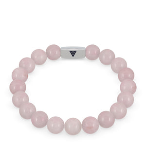 Front view of a 10mm Rose Quartz beaded stretch bracelet with silver stainless steel logo bead made by Voltlin