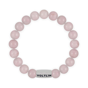 Top view of a 10mm Rose Quartz beaded stretch bracelet with silver stainless steel logo bead made by Voltlin
