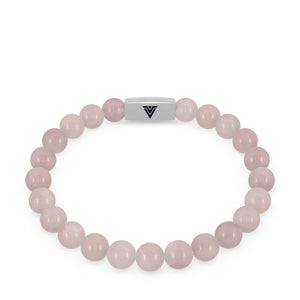 Front view of an 8mm Rose Quartz beaded stretch bracelet with silver stainless steel logo bead made by Voltlin