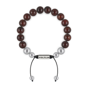 Top view of a 10mm Rosewood beaded shamballa bracelet with silver stainless steel logo bead made by Voltlin
