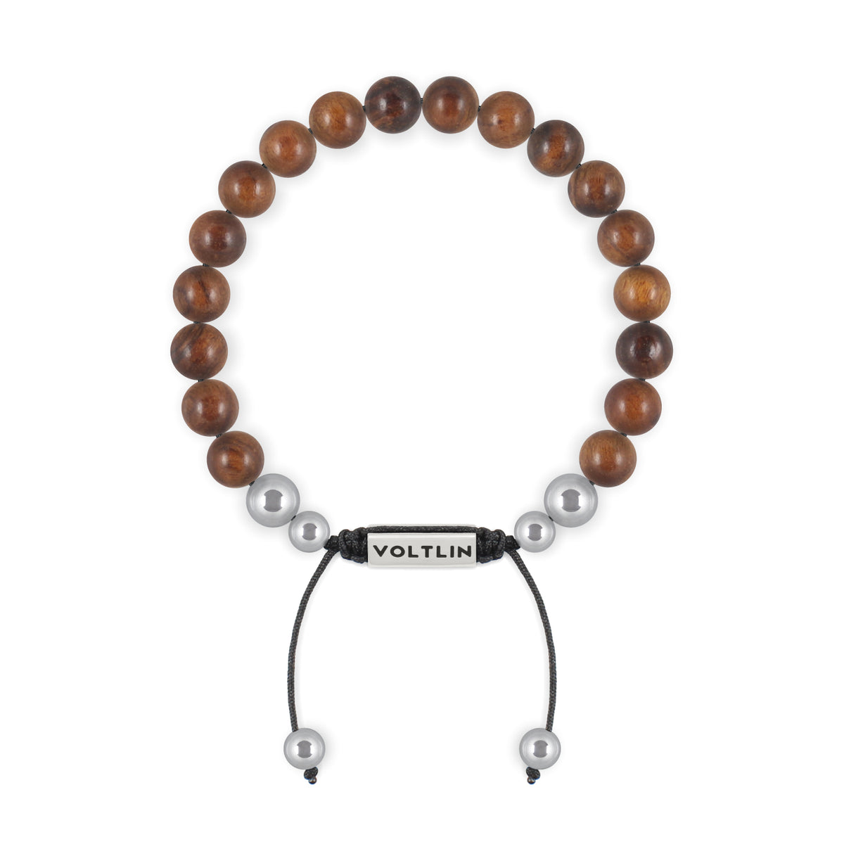 Top view of an 8mm Rosewood beaded shamballa bracelet with silver stainless steel logo bead made by Voltlin