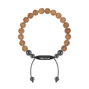 Top view of an 8mm Rudraksha crystal beaded shamballa bracelet with black stainless steel logo bead made by Voltlin