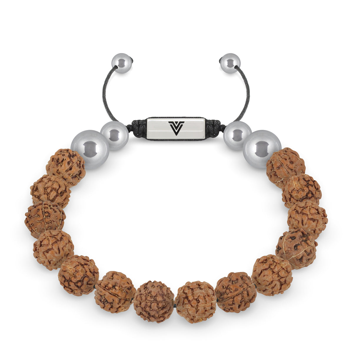 Front view of a 10mm Rudraksha beaded shamballa bracelet with silver stainless steel logo bead made by Voltlin