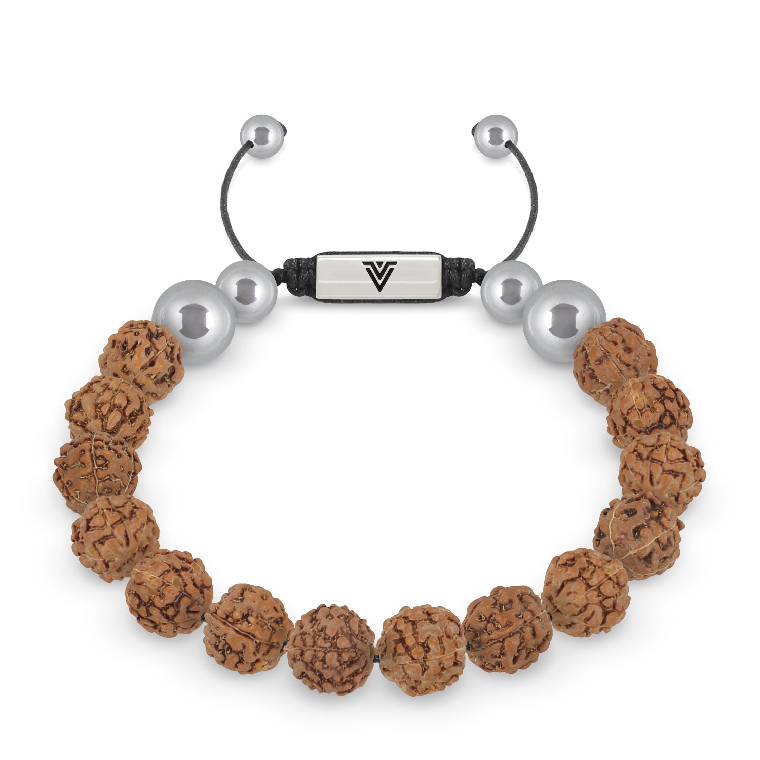 Front view of a 10mm Rudraksha beaded shamballa bracelet with silver stainless steel logo bead made by Voltlin
