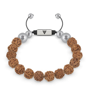 Front view of a 10mm Rudraksha beaded shamballa bracelet with silver stainless steel logo bead made by Voltlin