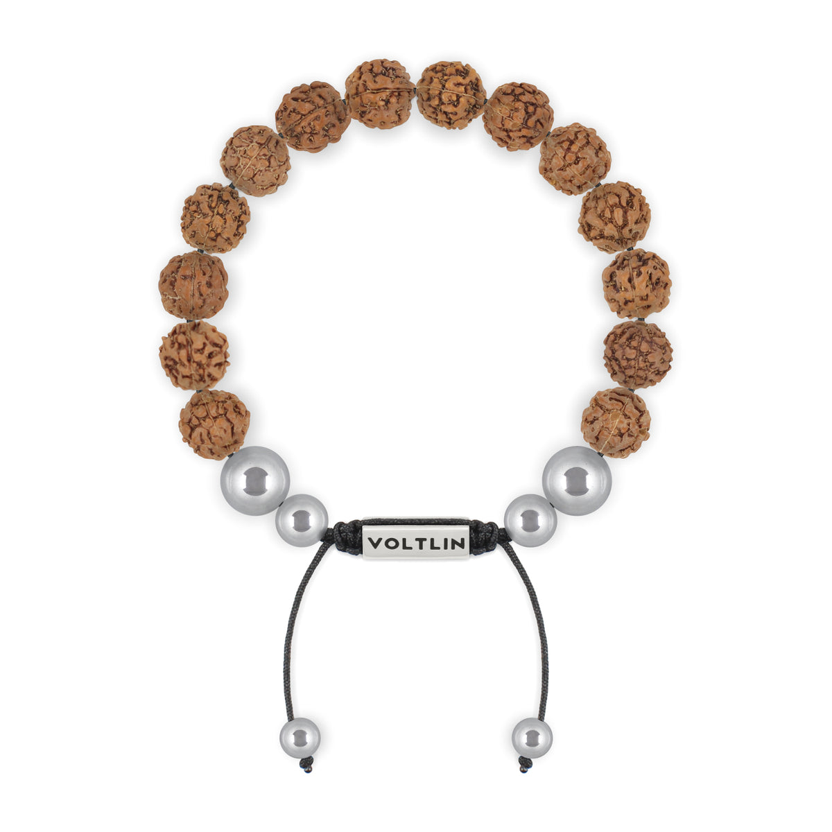 Top view of a 10mm Rudraksha beaded shamballa bracelet with silver stainless steel logo bead made by Voltlin
