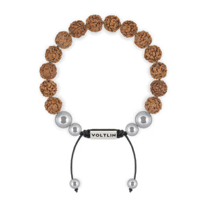 Top view of a 10mm Rudraksha beaded shamballa bracelet with silver stainless steel logo bead made by Voltlin